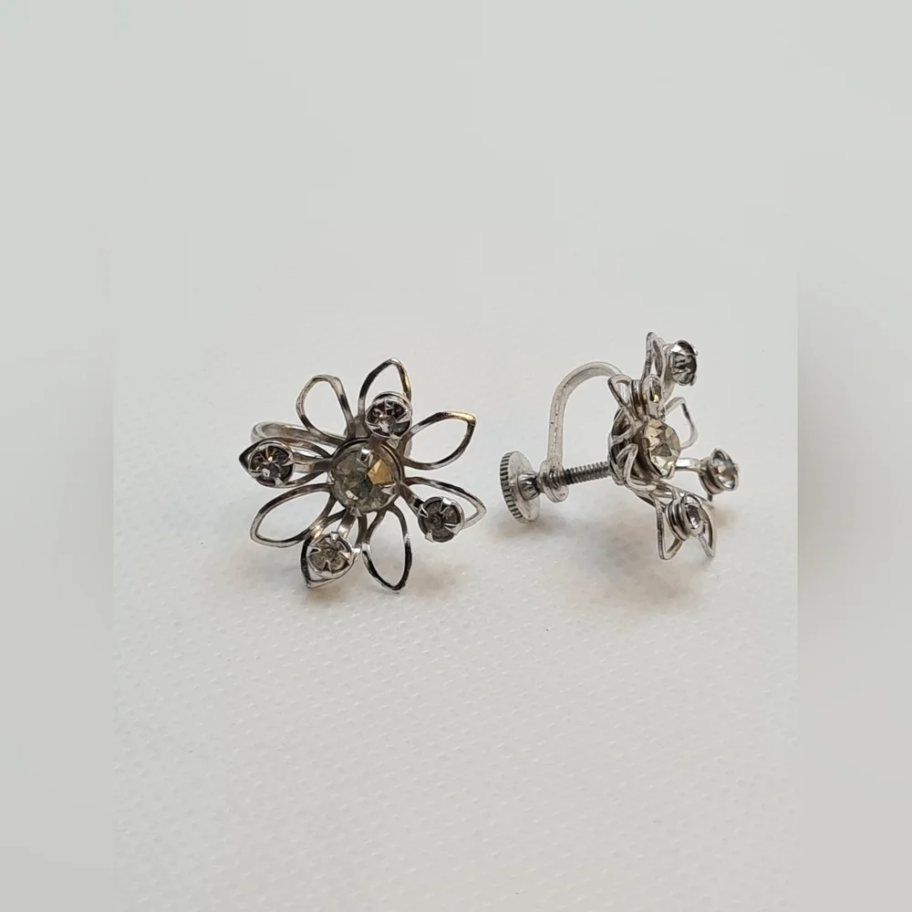Vintage Silver And Crystal Floral Earrings